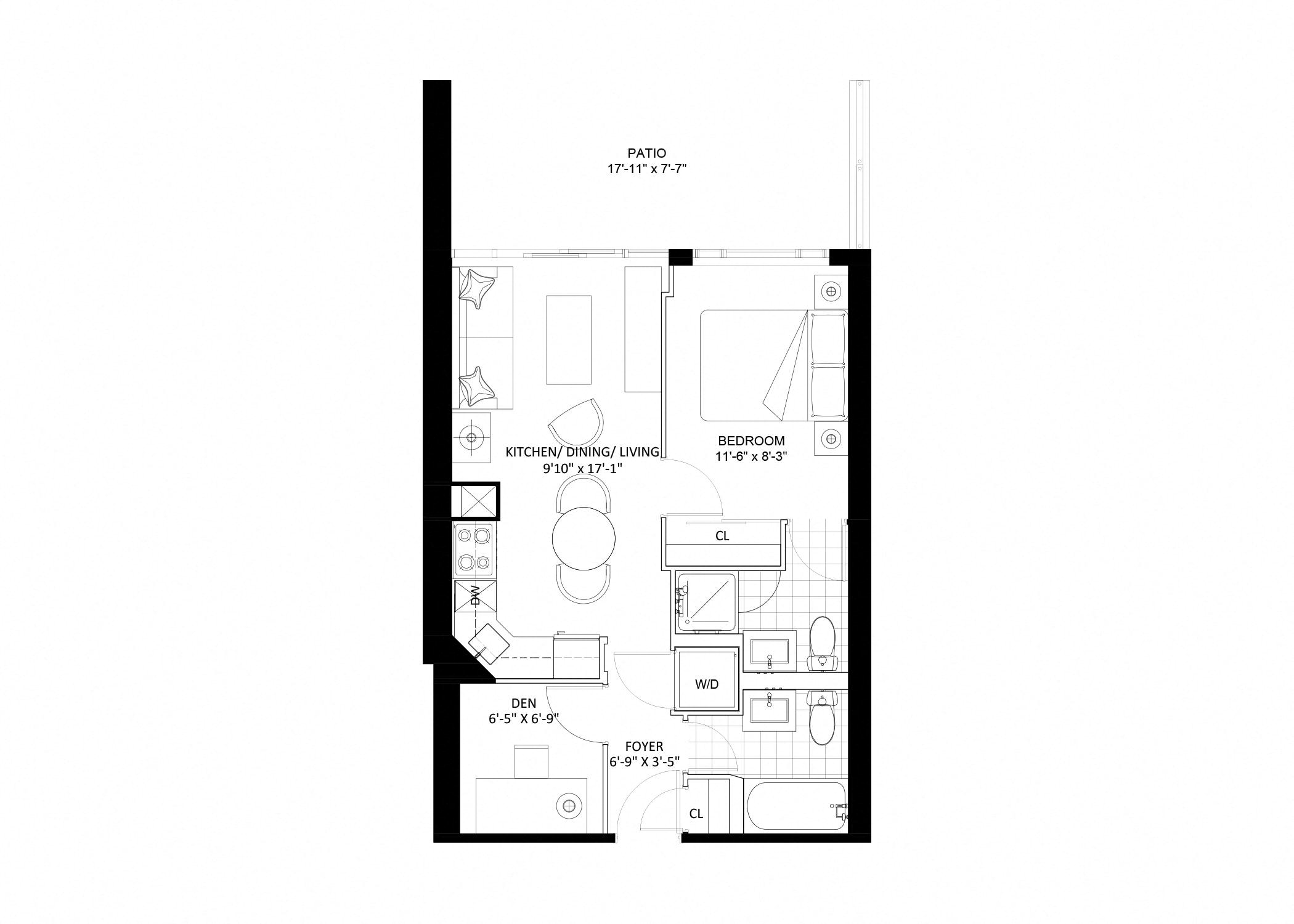 Floor plan for 1 bed, 2 baths, 583 sqft